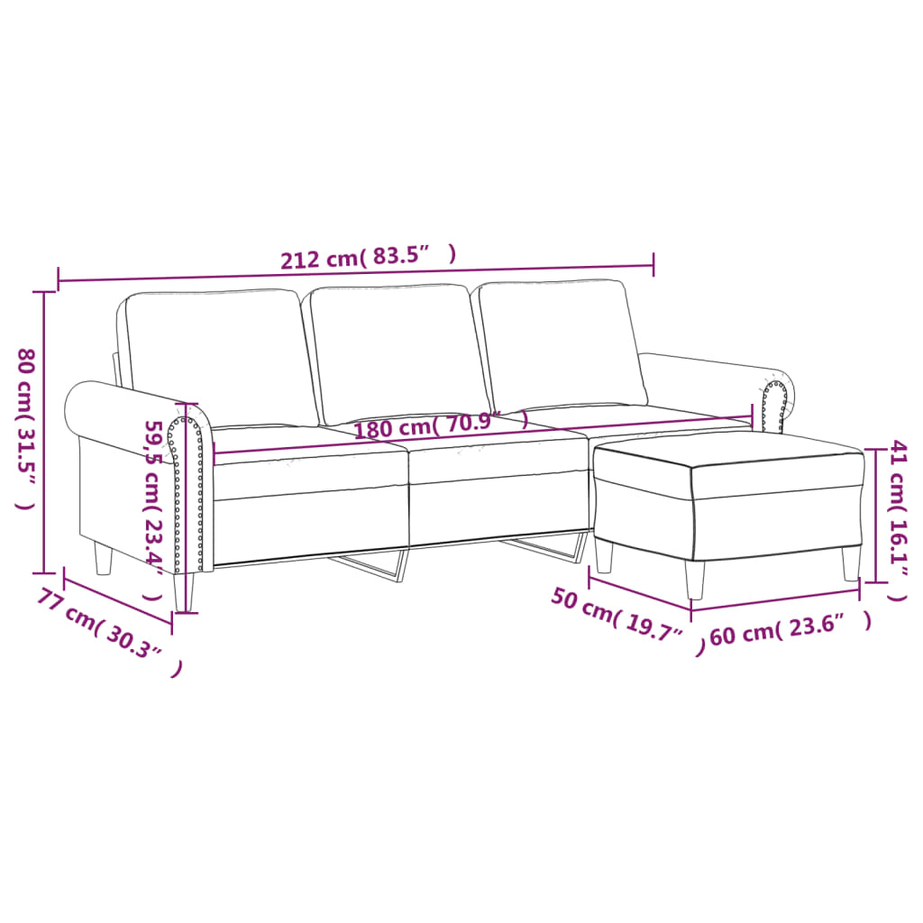 3-Sitzer-Sofa mit Hocker Creme 180 cm Samt