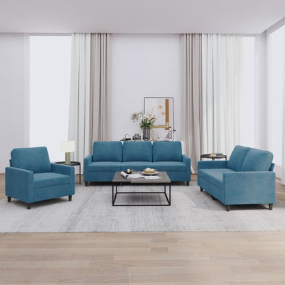 3-tlg. Sofagarnitur mit Kissen Blau Samt