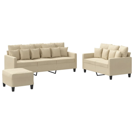 3-tlg. Sofagarnitur mit Kissen Creme Stoff