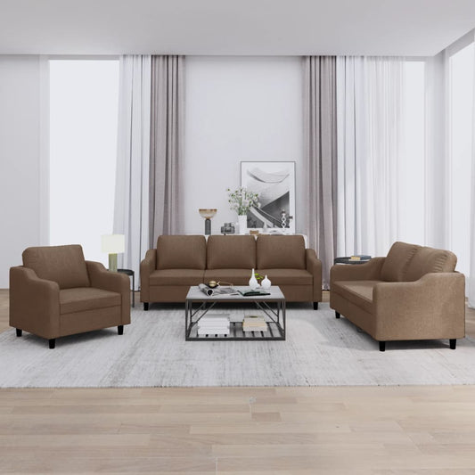 3-tlg. Sofagarnitur mit Kissen Braun Stoff