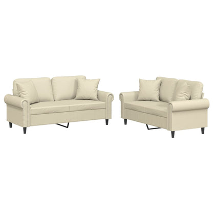 2-tlg. Sofagarnitur mit Kissen Creme Kunstleder