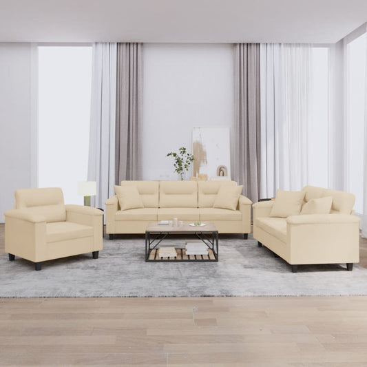 3-tlg. Sofagarnitur mit Kissen Creme Mikrofasergewebe