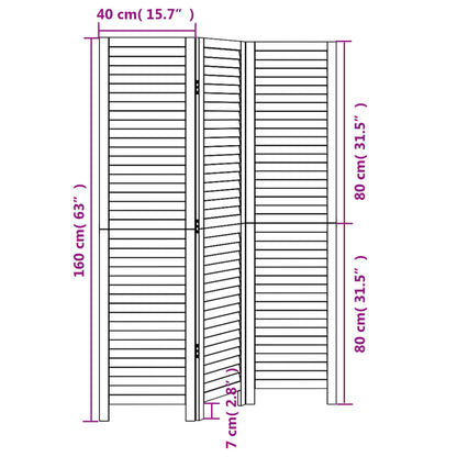 3-tlg. Paravent Schwarz Massivholz Paulownia