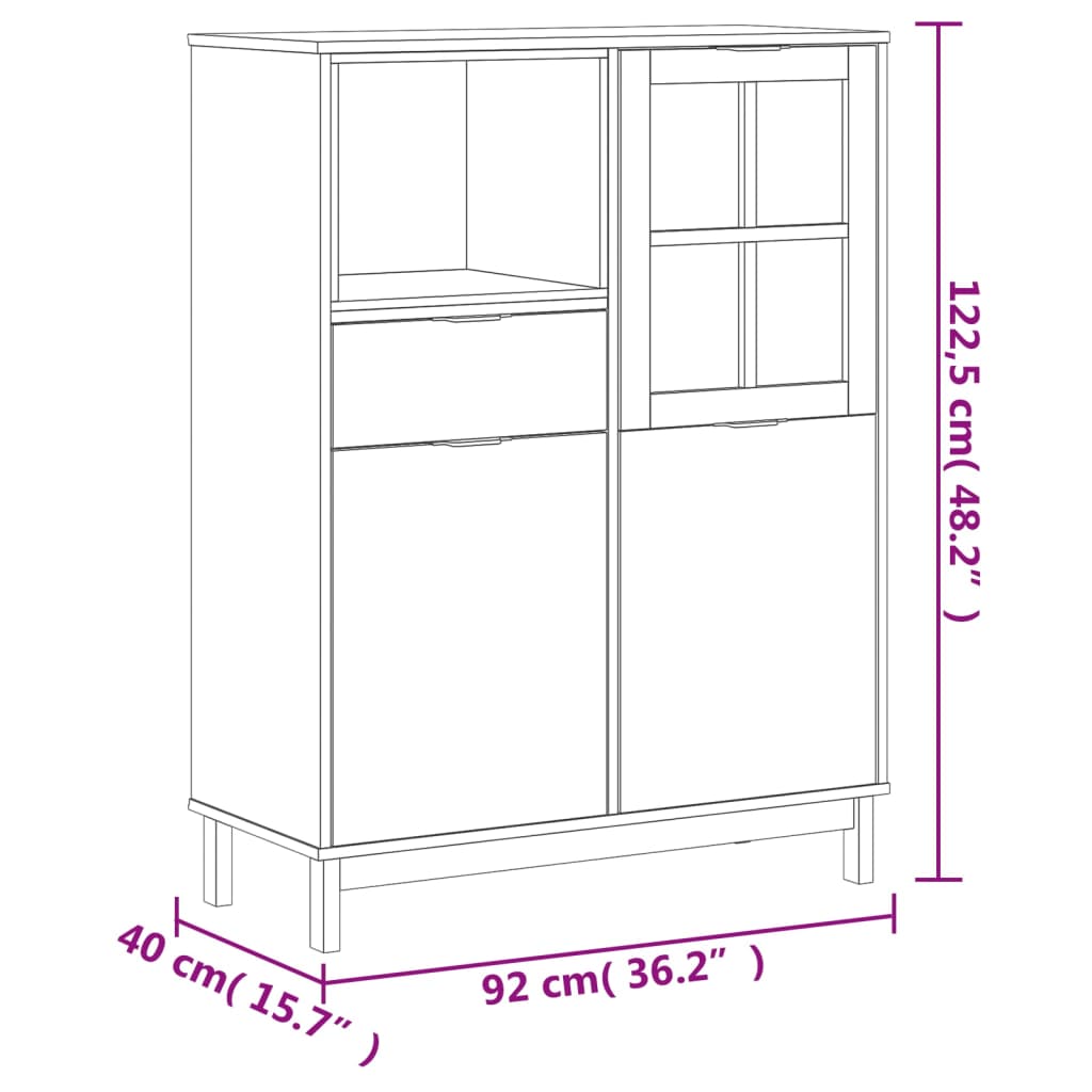 Highboard med glasdør FLAM 92x40x122,5 cm massiv fyrretræ