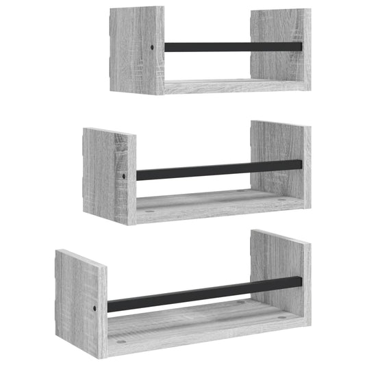 3-tlg. Wandregal-Set mit Stangen Grau Sonoma Holzwerkstoff