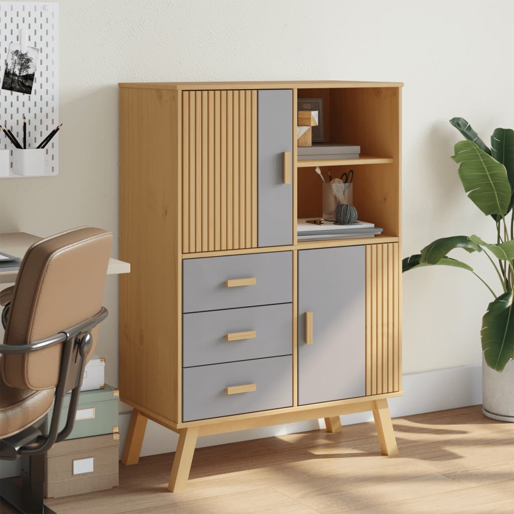 Highboard OLDEN Grå og Brun 85x43x125 cm Massiv Fyr