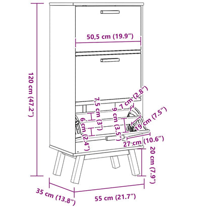 Schuhschrank OLDEN Grau und Braun 55x35x120cm Massivholz Kiefer
