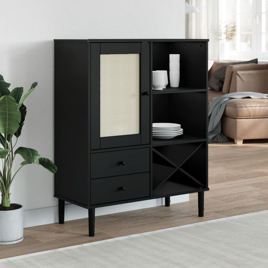 Highboard SENJA Rattan-Look Sort 90x40x112 cm Fyrretræ