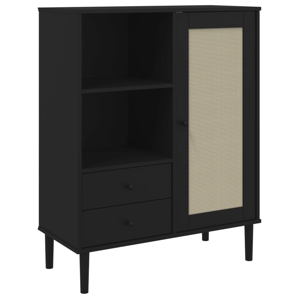 Highboard SENJA Rattan-Look Sort 90x40x112 cm Fyrretræ