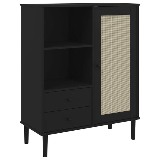 Highboard SENJA Rattan-Look Sort 90x40x112 cm Fyrretræ