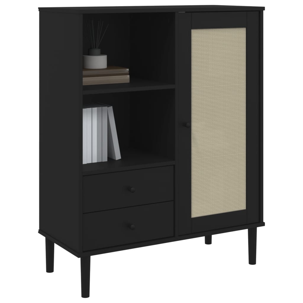 Highboard SENJA Rattan-Look Sort 90x40x112 cm Fyrretræ