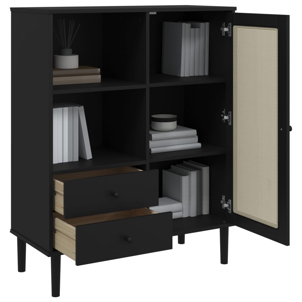 Highboard SENJA Rattan-Look Sort 90x40x112 cm Fyrretræ