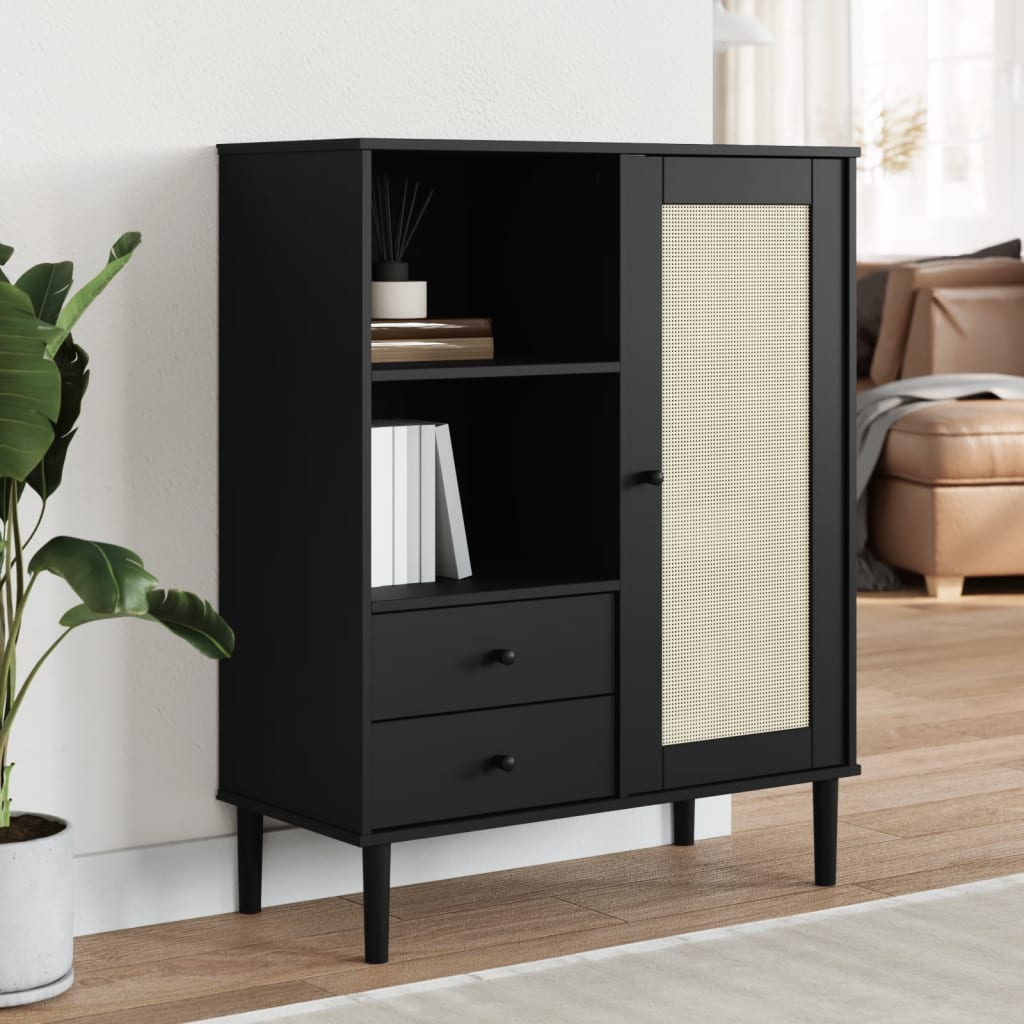 Highboard SENJA Rattan-Look Sort 90x40x112 cm Fyrretræ