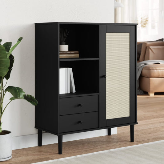 Highboard SENJA Rattan-Look Sort 90x40x112 cm Fyrretræ