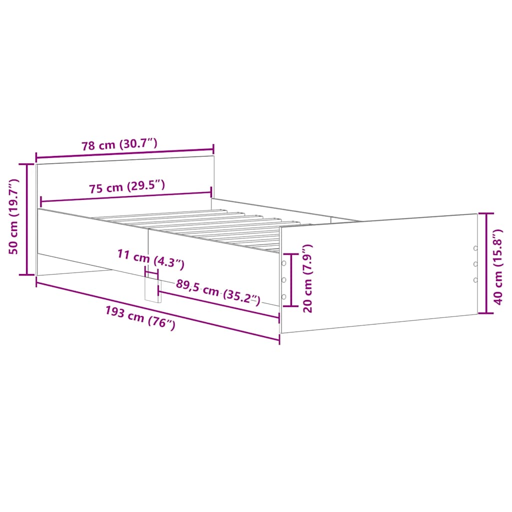 Bettgestell ohne Matratze Räuchereiche 75x190 cm Holzwerkstoff