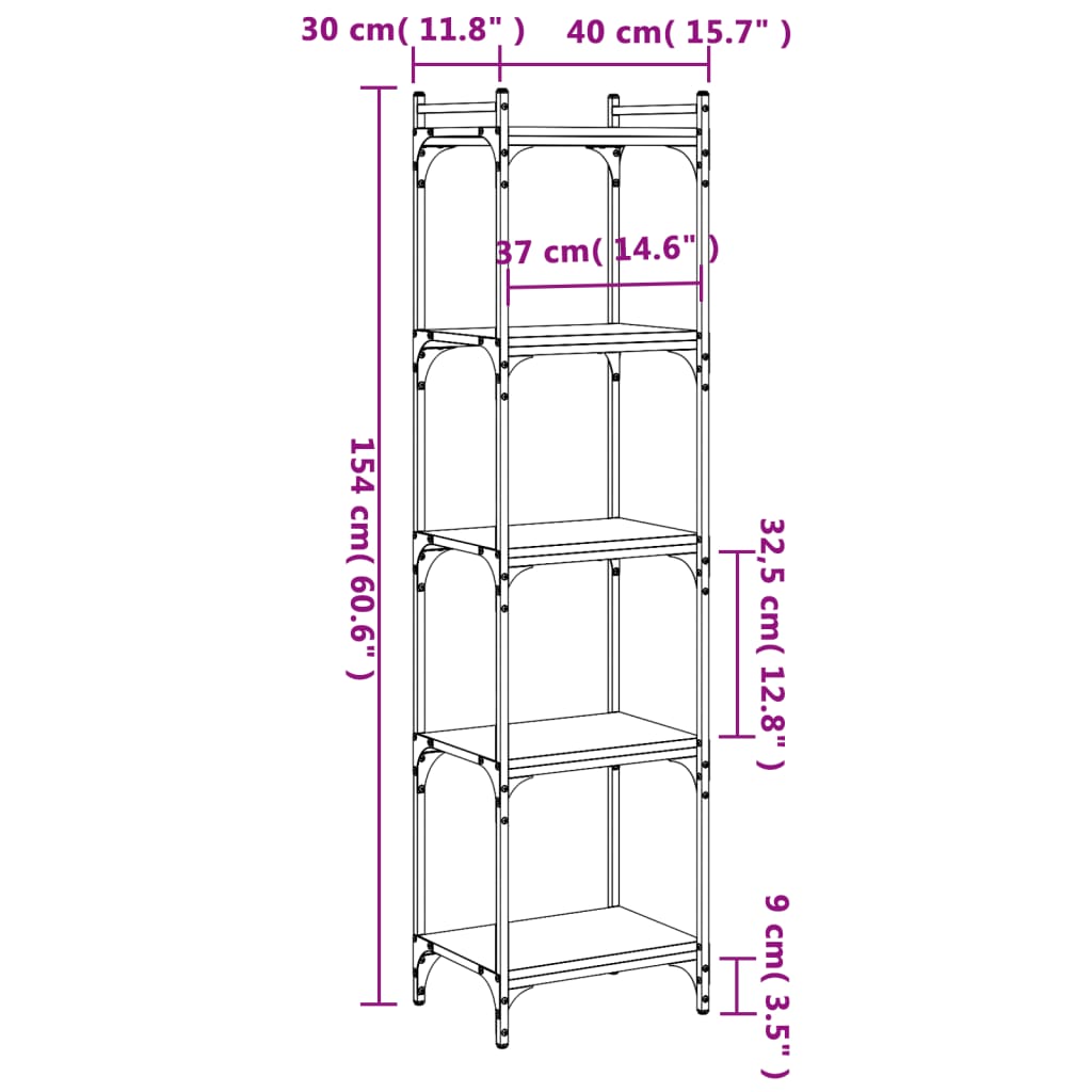 Reol 5 hylder Sort 40x30x154 cm Træ Materiale