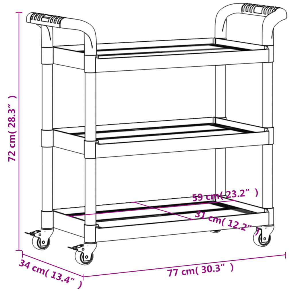 Rollwagen mit 3 Etagen Schwarz 77x34x72 cm Aluminium