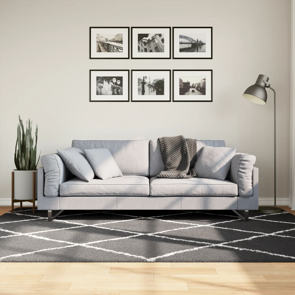 Teppich Shaggy Hochflor Modern Schwarz und Creme 160x230 cm