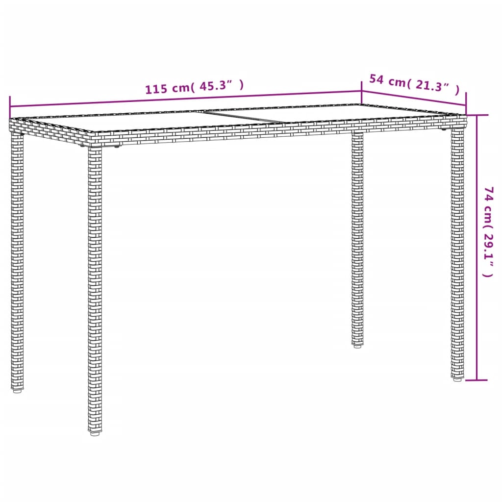 Havebord med glasplade Grå 115x54x74 cm Polyrattan