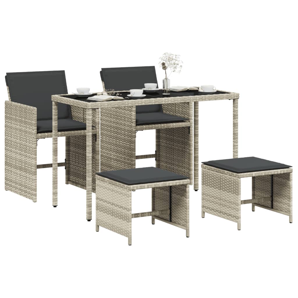 5-tlg. Garten-Essgruppe mit Kissen Hellgrau Poly Rattan