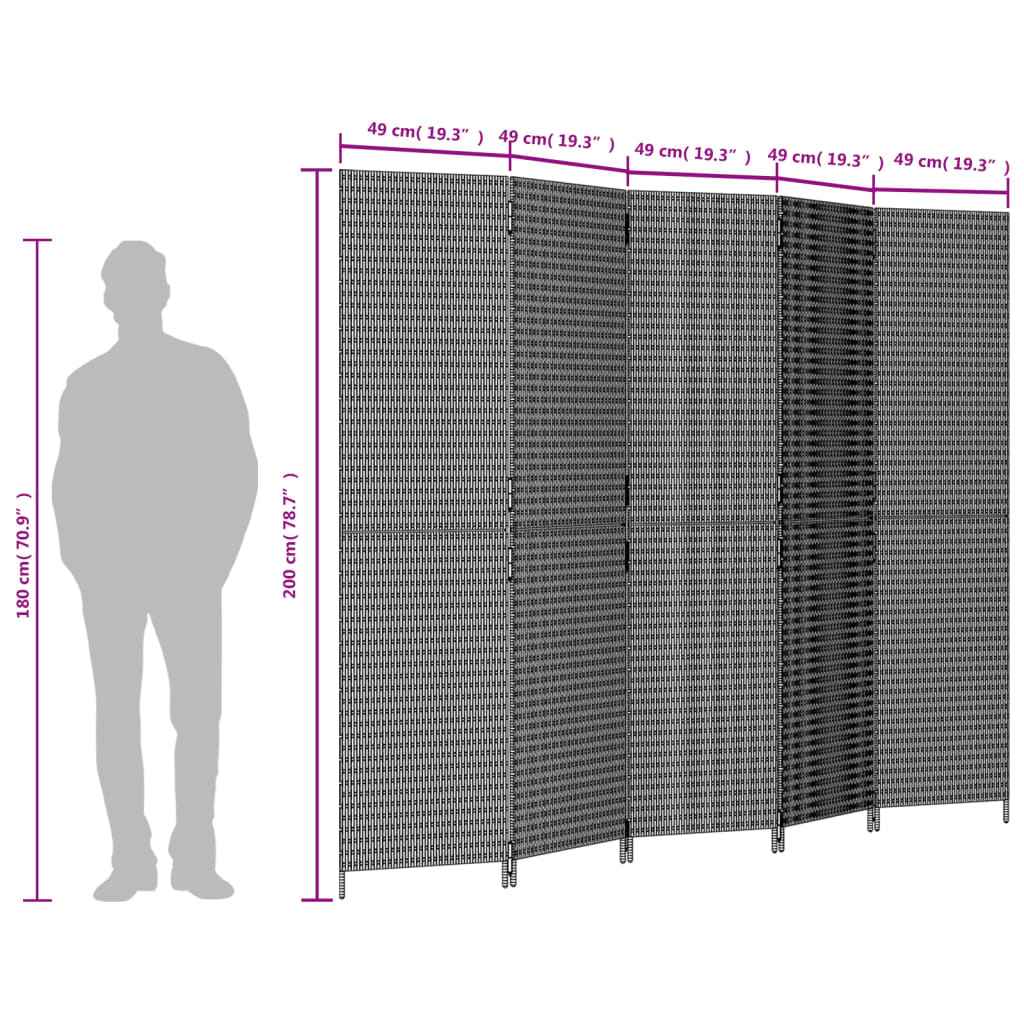5-delt foldeskærm Sort polyrattan