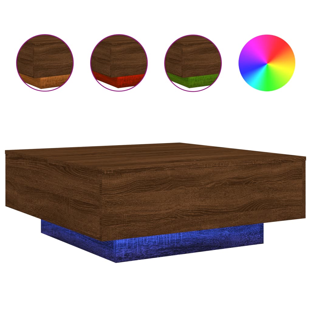 Sofabord med LED lys brun eg look 80x80x31 cm