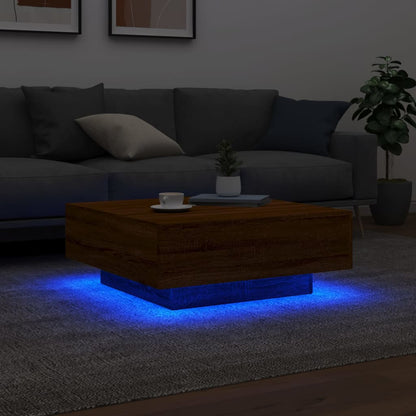 Sofabord med LED lys brun eg look 80x80x31 cm