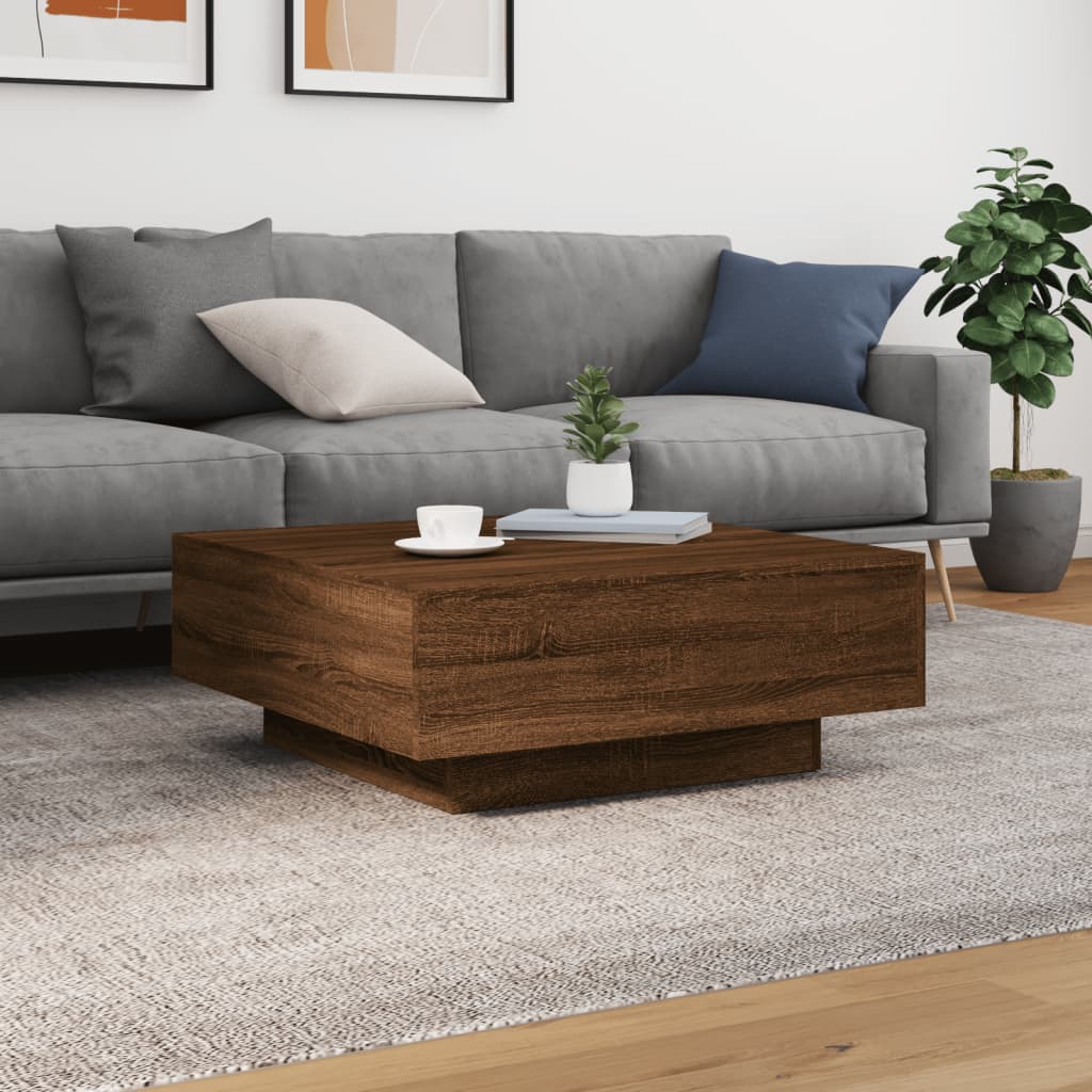 Sofabord med LED lys brun eg look 80x80x31 cm