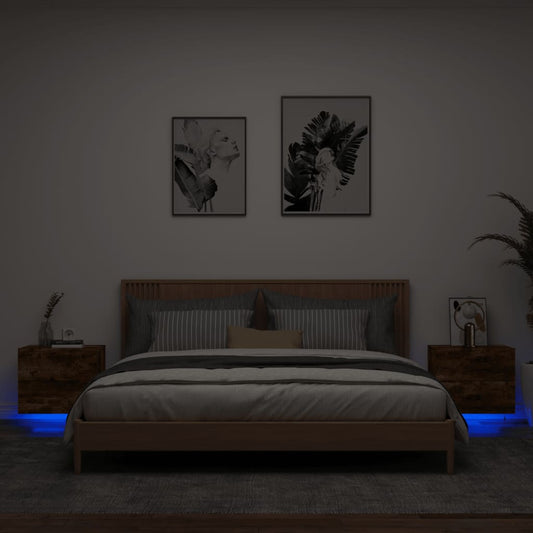 Wand-Nachttische mit LED-Leuchten 2 Stk. Räuchereiche