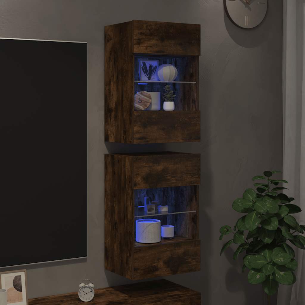 Wandschränke mit LED-Leuchten für TV 2 Stk. Räuchereiche