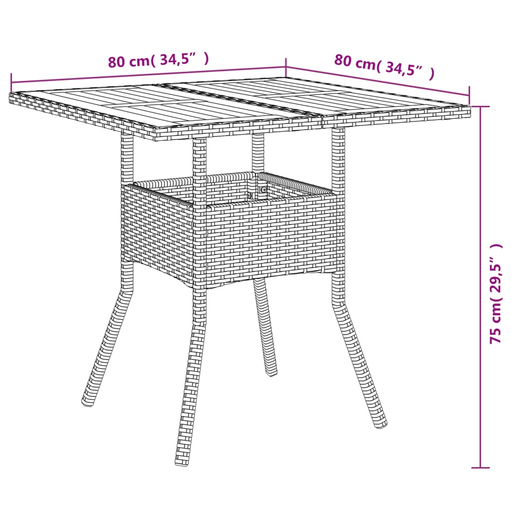 Havebord med træplade Sort 80x80x75 cm Poly Rattan