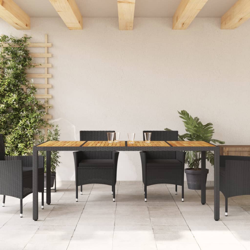 Havebord med plade af akacietræ Sort Poly Rattan