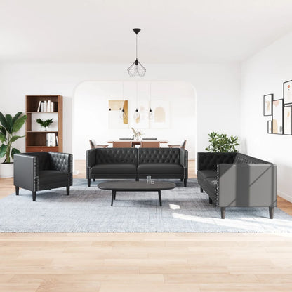 3-tlg. Chesterfield-Sofa-Set Schwarz Kunstleder