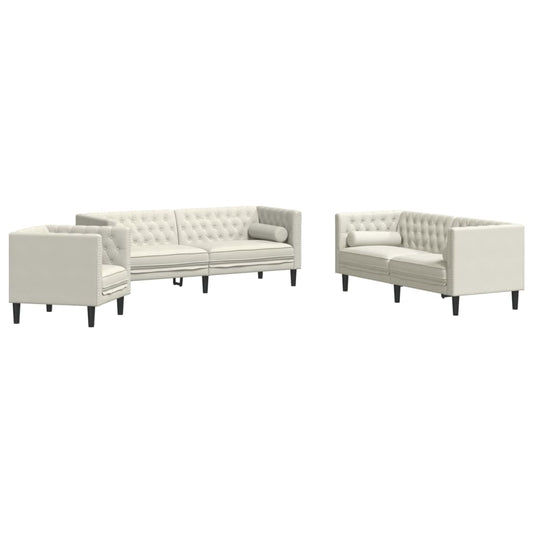 3-tlg. Chesterfield-Sofa-Set mit Nackenrollen Creme Samt