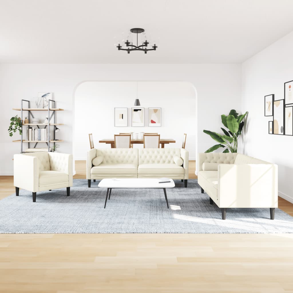 3-tlg. Chesterfield-Sofa-Set mit Nackenrollen Creme Samt