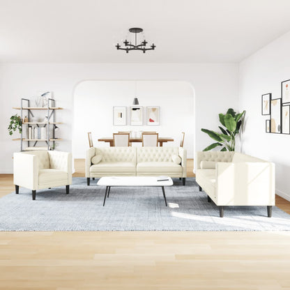 3-tlg. Chesterfield-Sofa-Set mit Nackenrollen Creme Samt