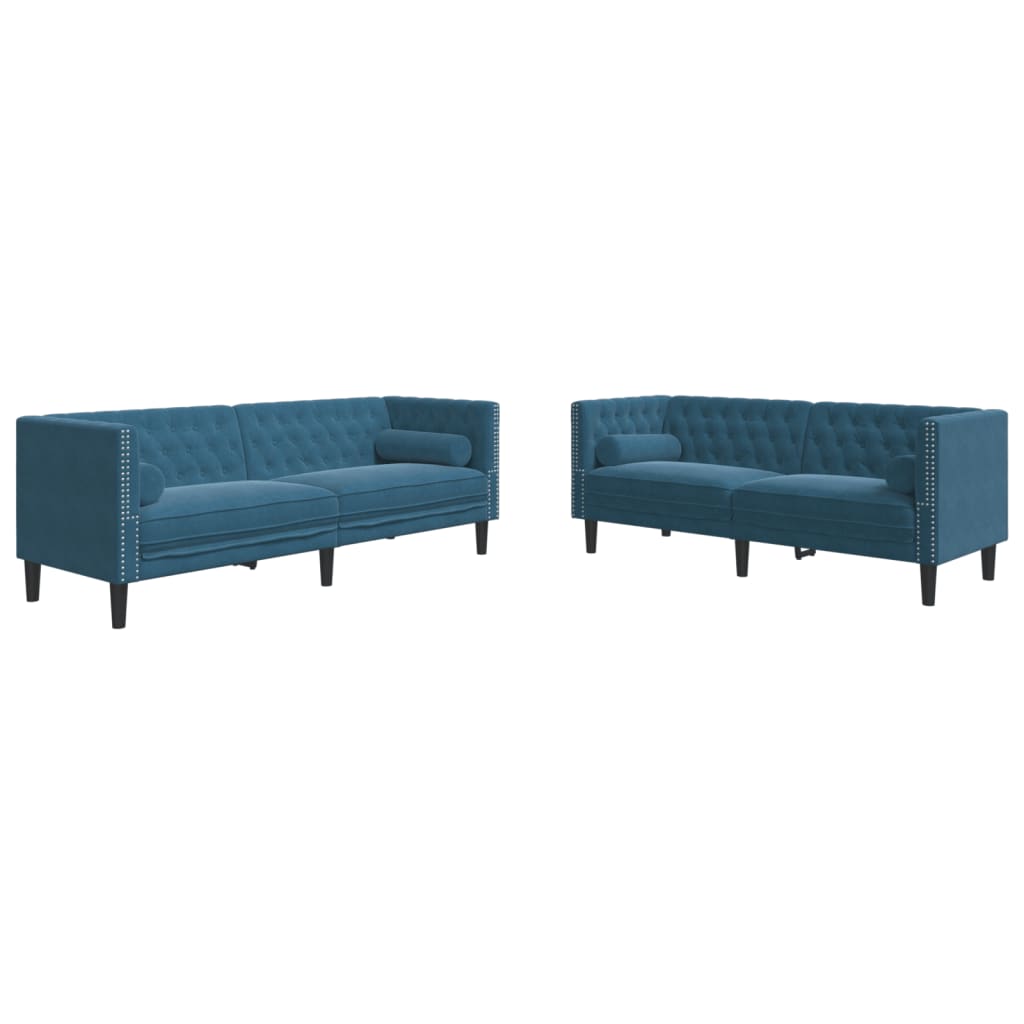 2-tlg. Chesterfield-Sofa-Set mit Nackenrollen Blau Samt
