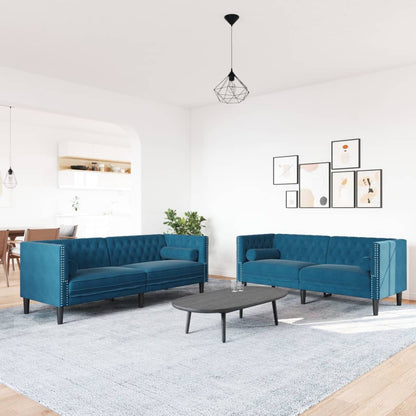 2-tlg. Chesterfield-Sofa-Set mit Nackenrollen Blau Samt