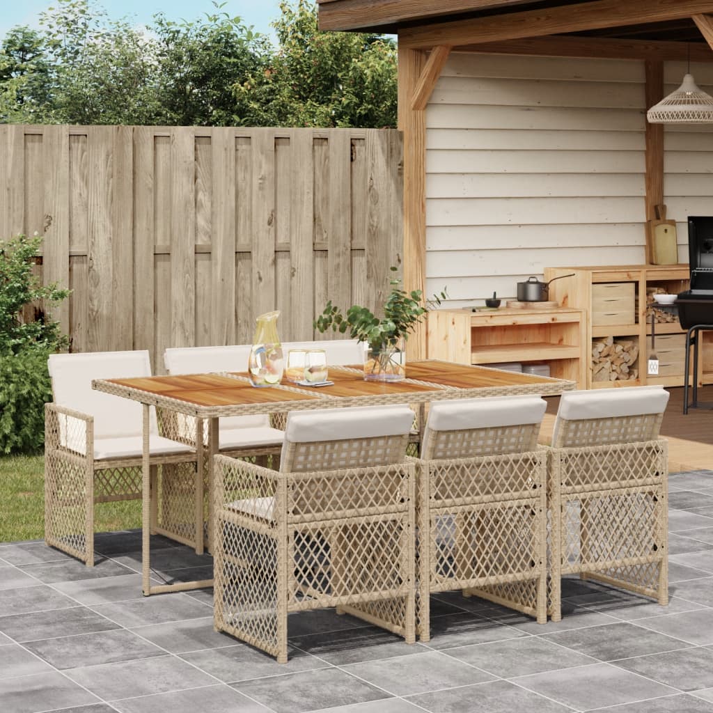 7-tlg. Garten-Essgruppe mit Kissen Beige Poly Rattan