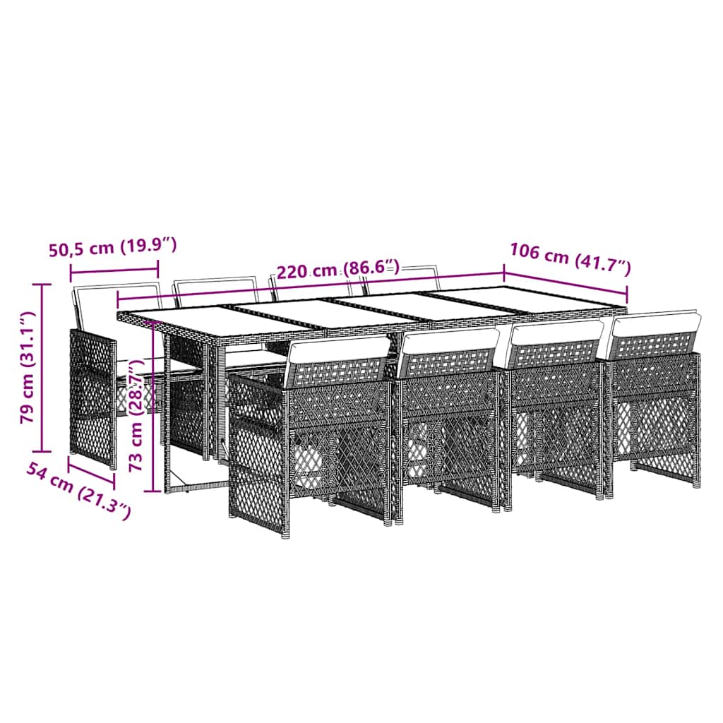 9-tlg. Garten-Essgruppe mit Kissen Hellgrau Poly Rattan