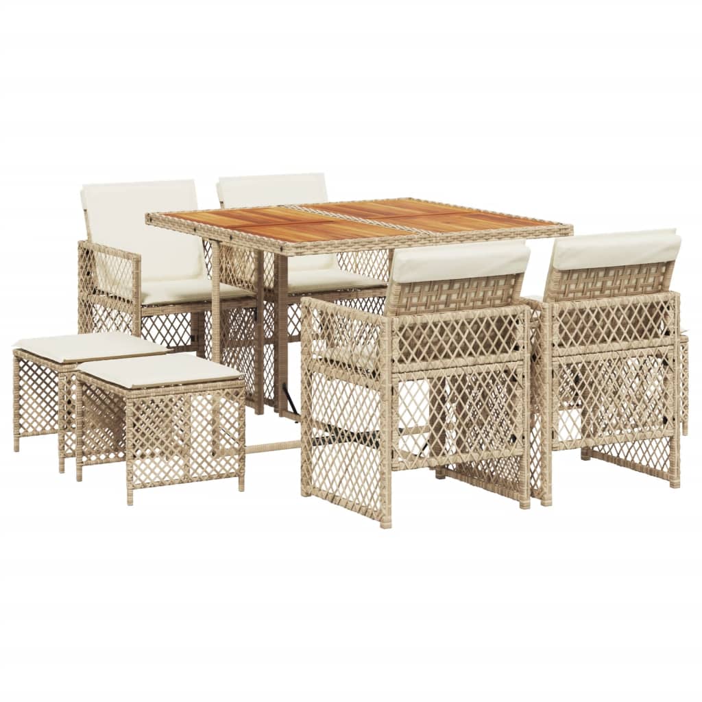9-tlg. Garten-Essgruppe mit Kissen Beige Poly Rattan
