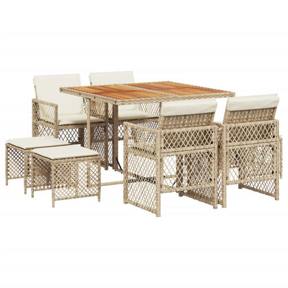 9-tlg. Garten-Essgruppe mit Kissen Beige Poly Rattan