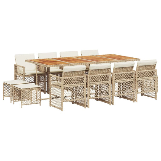 13-tlg. Garten-Essgruppe mit Kissen Beige Poly Rattan