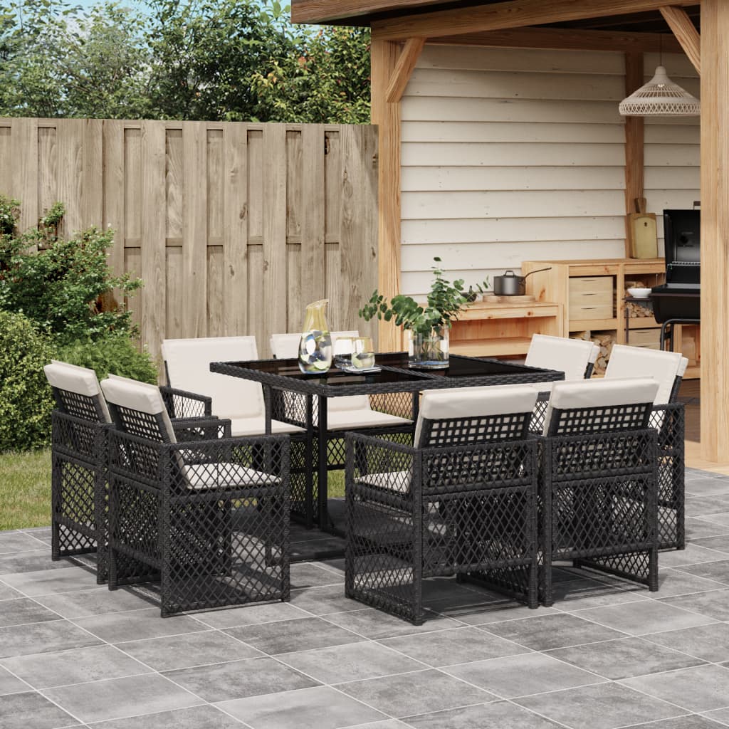 9-tlg. Garten-Essgruppe mit Kissen Schwarz Poly Rattan