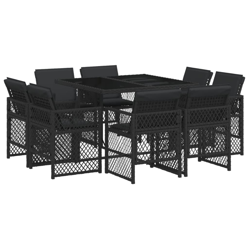 9-tlg. Garten-Essgruppe mit Kissen Schwarz Poly Rattan