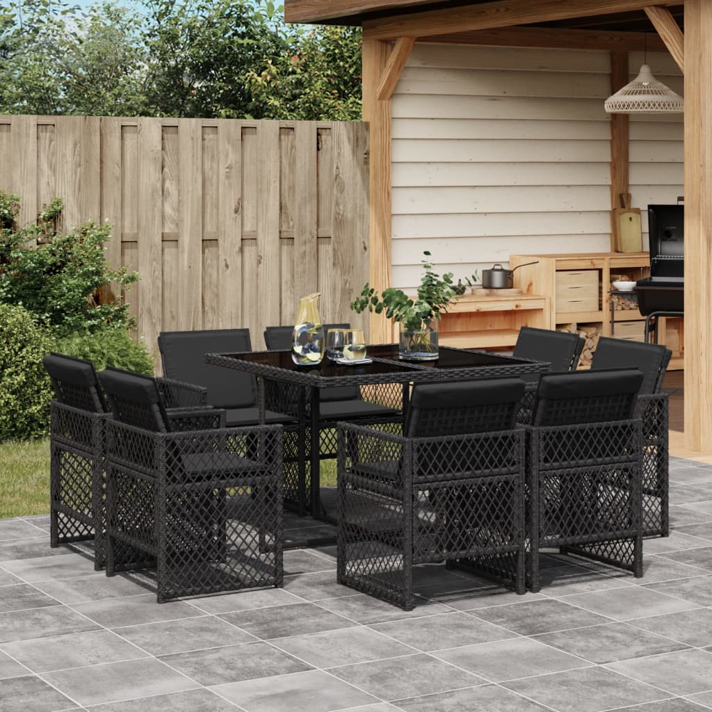9-tlg. Garten-Essgruppe mit Kissen Schwarz Poly Rattan