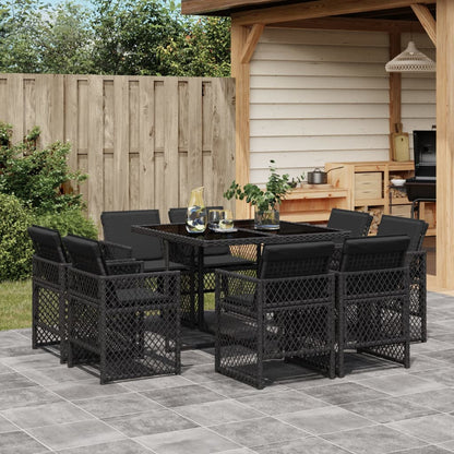 9-tlg. Garten-Essgruppe mit Kissen Schwarz Poly Rattan