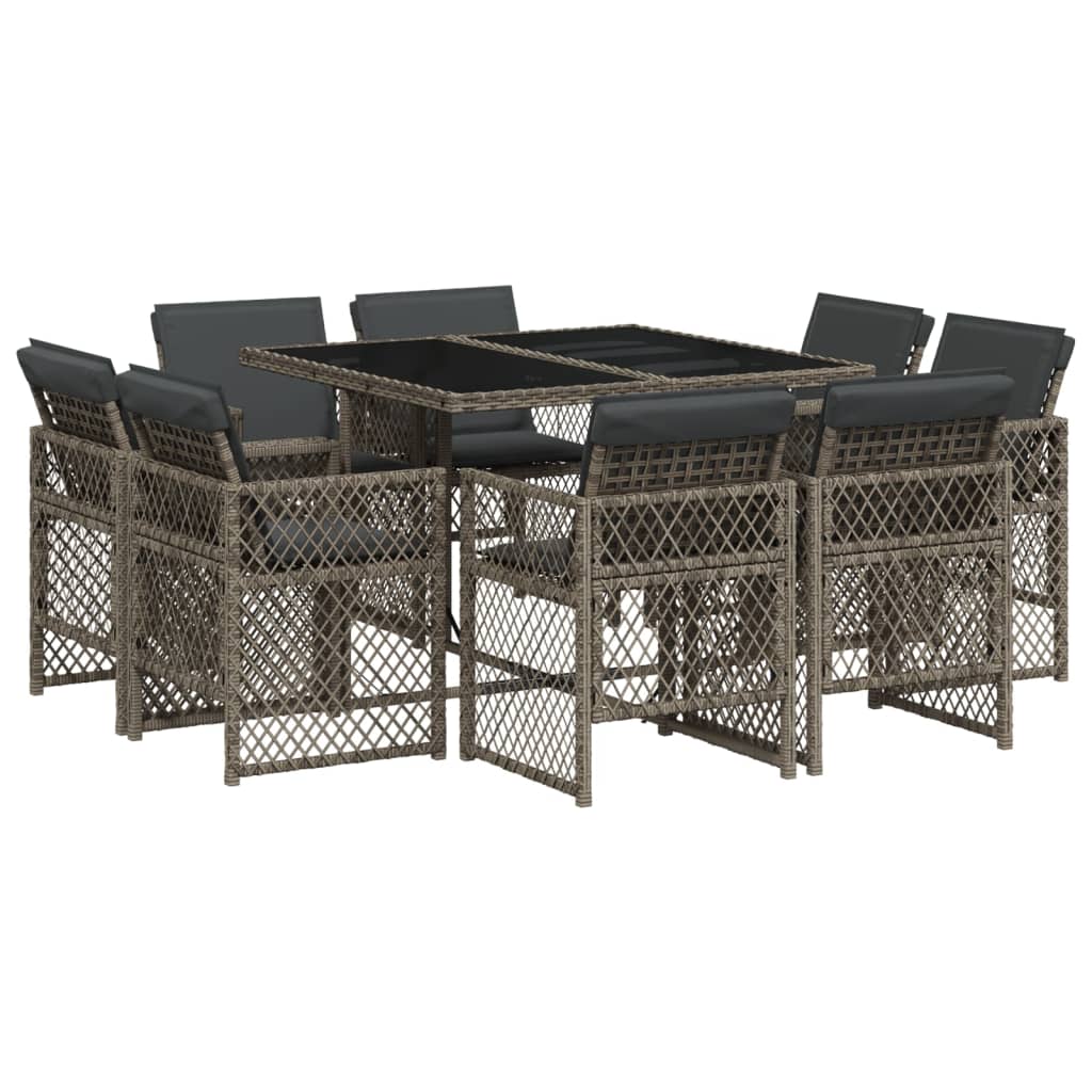 9-tlg. Garten-Essgruppe mit Kissen Grau Poly Rattan