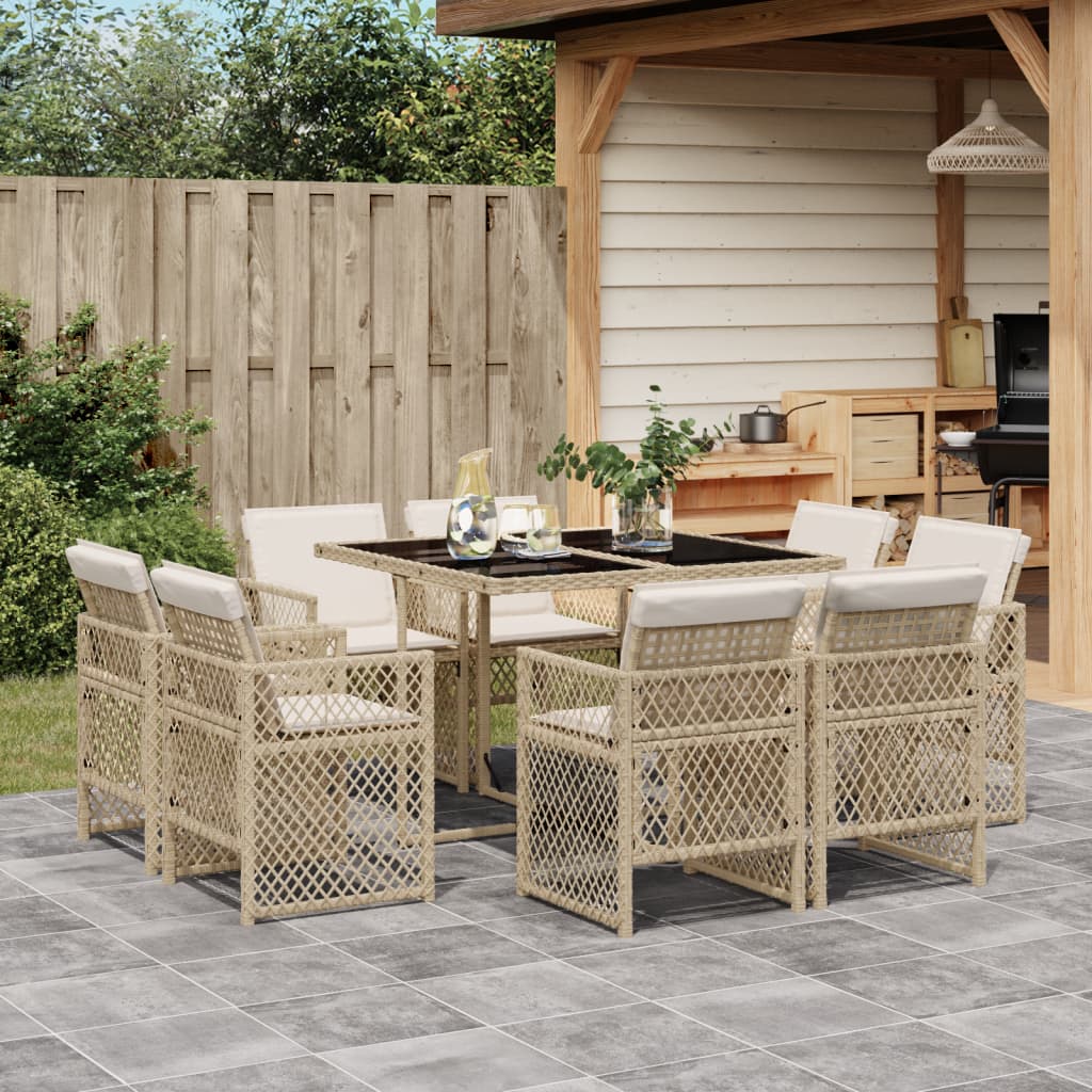 9-tlg. Garten-Essgruppe mit Kissen Beige Poly Rattan