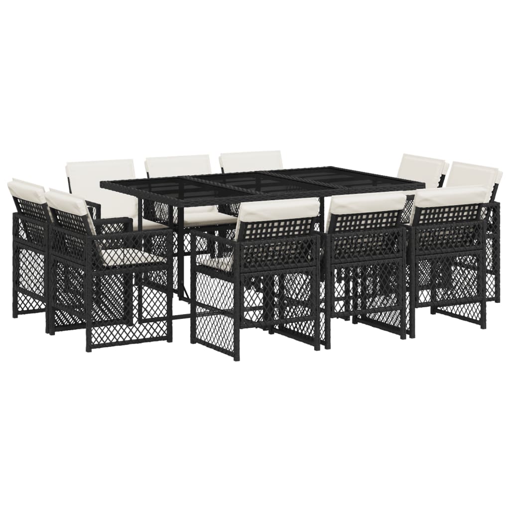 11-tlg. Garten-Essgruppe mit Kissen Schwarz Poly Rattan